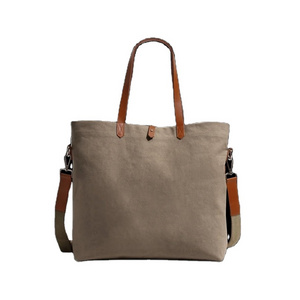 Premium Quality Cotton Canvas Tote Bag Leather Strap with Bottle Compartment Handbag for Women