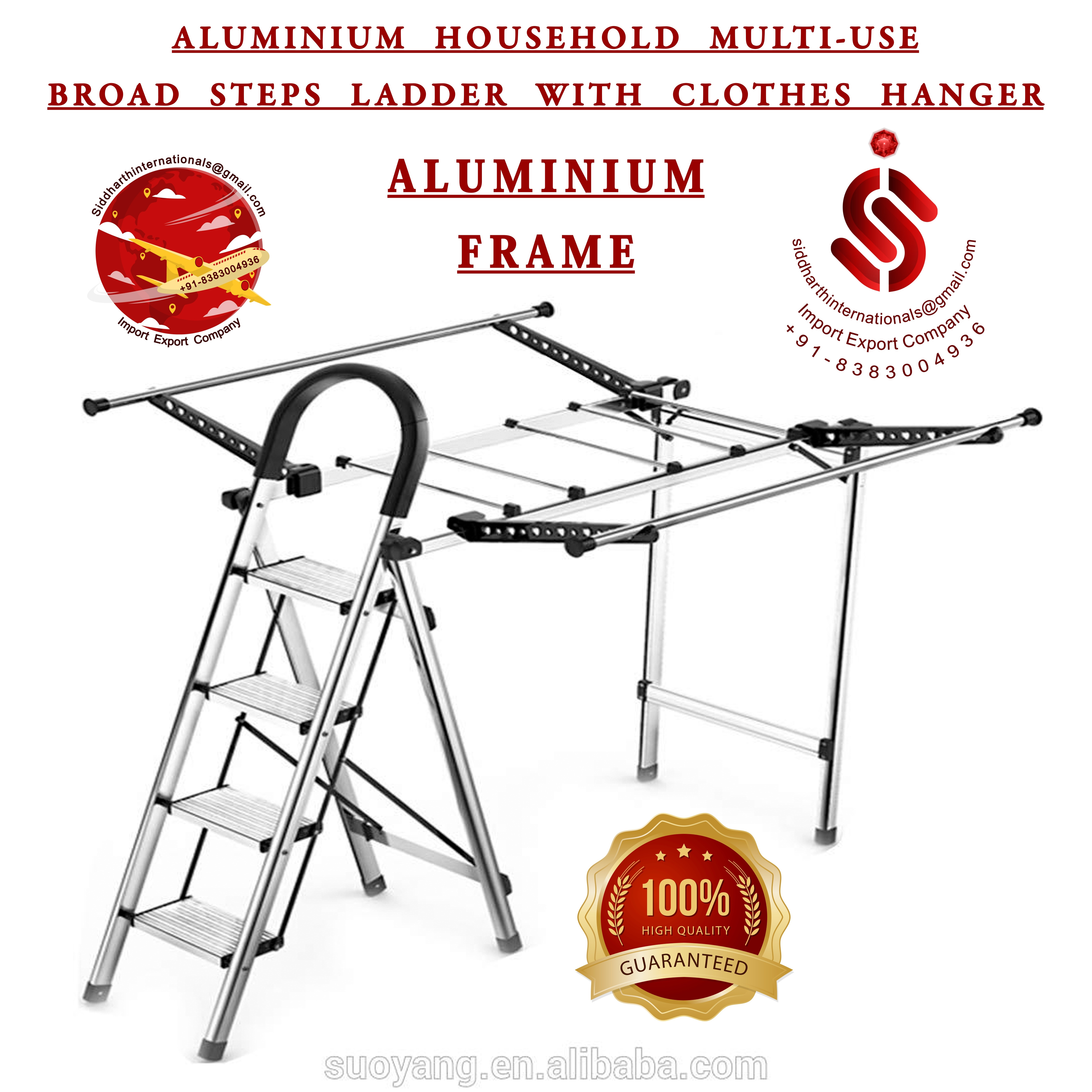 Super Sell 2024 Aluminum Household Multi-Use Broad Steps Ladder with Clothes Hanger For Sale By Indian Exporters