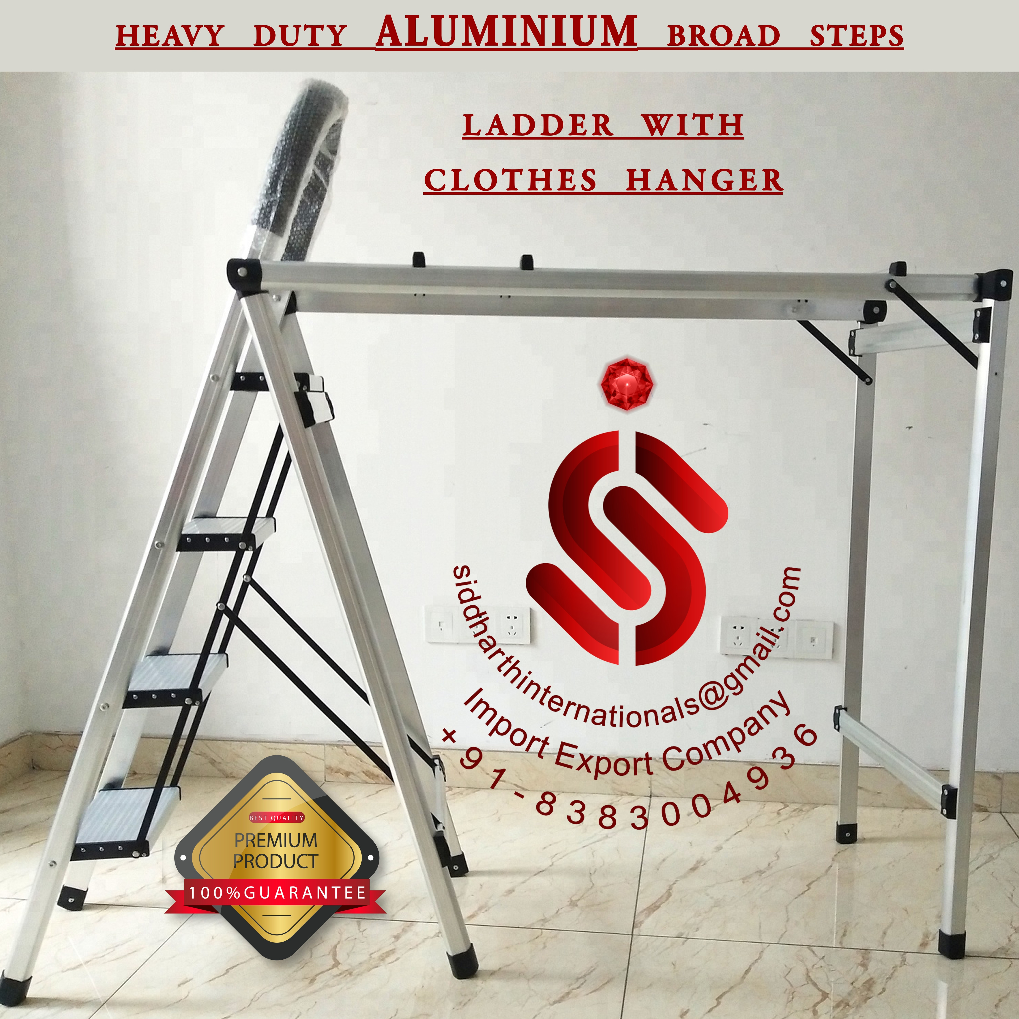 Super Sell 2024 Aluminum Household Multi-Use Broad Steps Ladder with Clothes Hanger For Sale By Indian Exporters