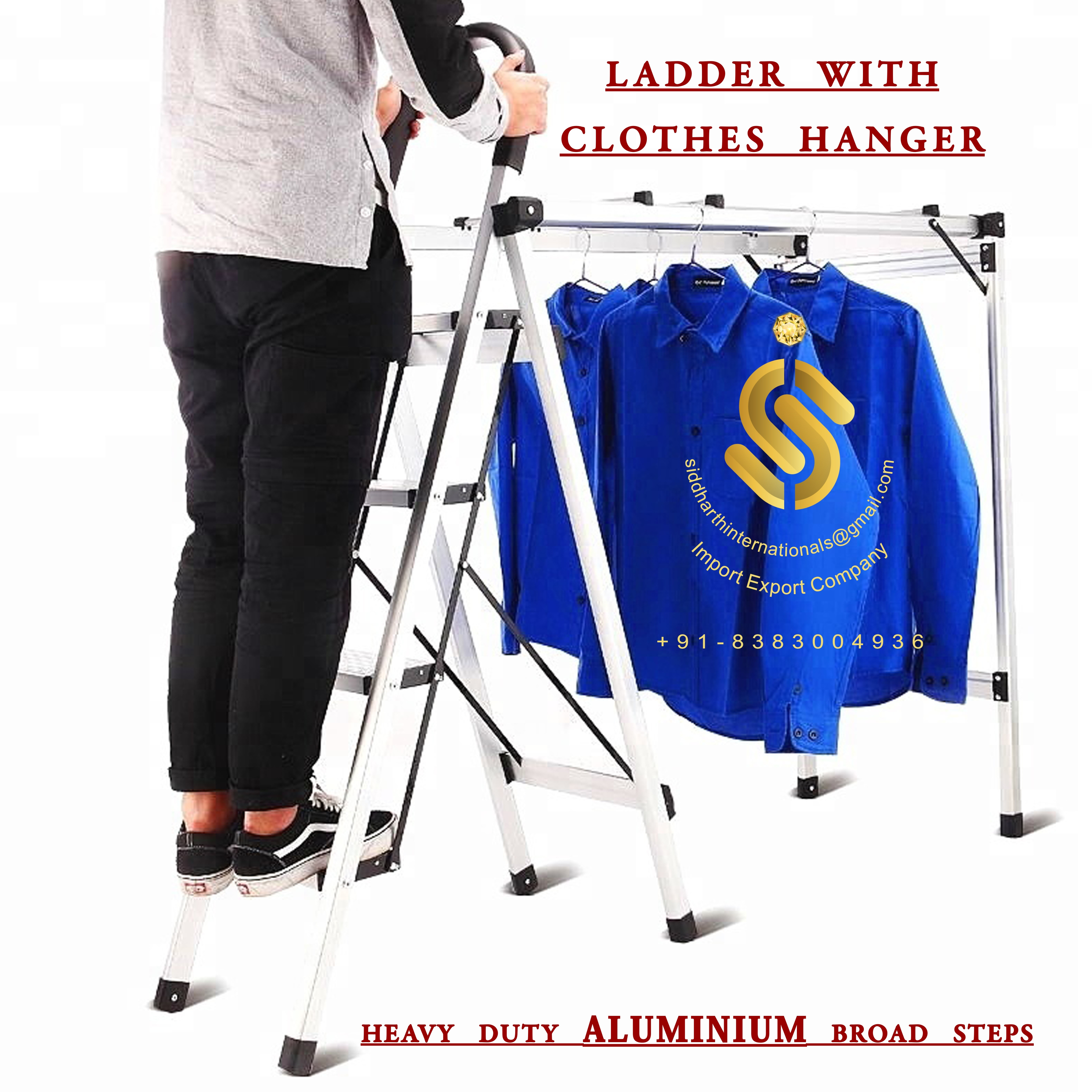 Super Sell 2024 Aluminum Household Multi-Use Broad Steps Ladder with Clothes Hanger For Sale By Indian Exporters