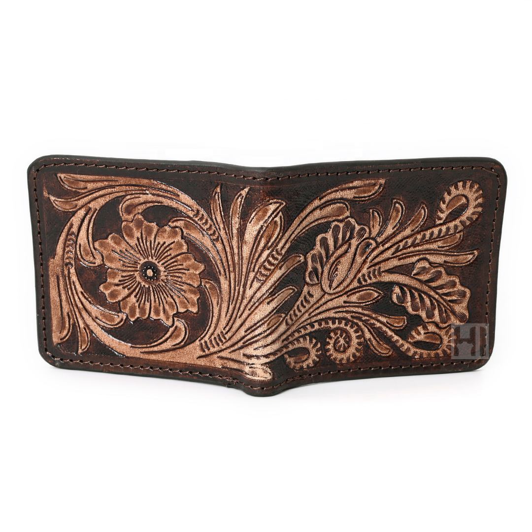 RFID Blocking Feature Western Fashion Natural Cowhide Tooled Hipster Wallet Men's Leather Wallet Manufacturer OEM