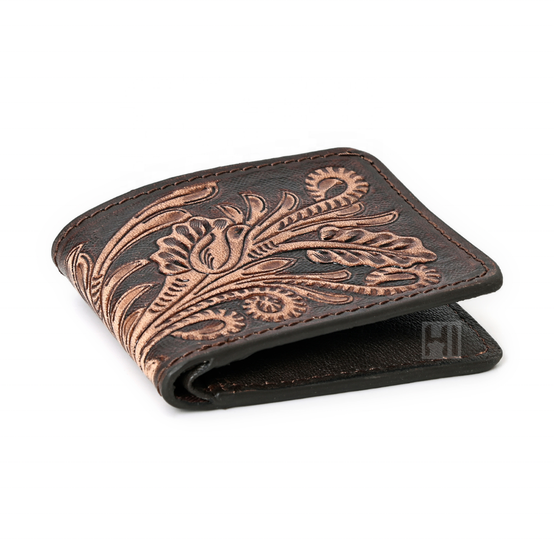 RFID Blocking Feature Western Fashion Natural Cowhide Tooled Hipster Wallet Men's Leather Wallet Manufacturer OEM