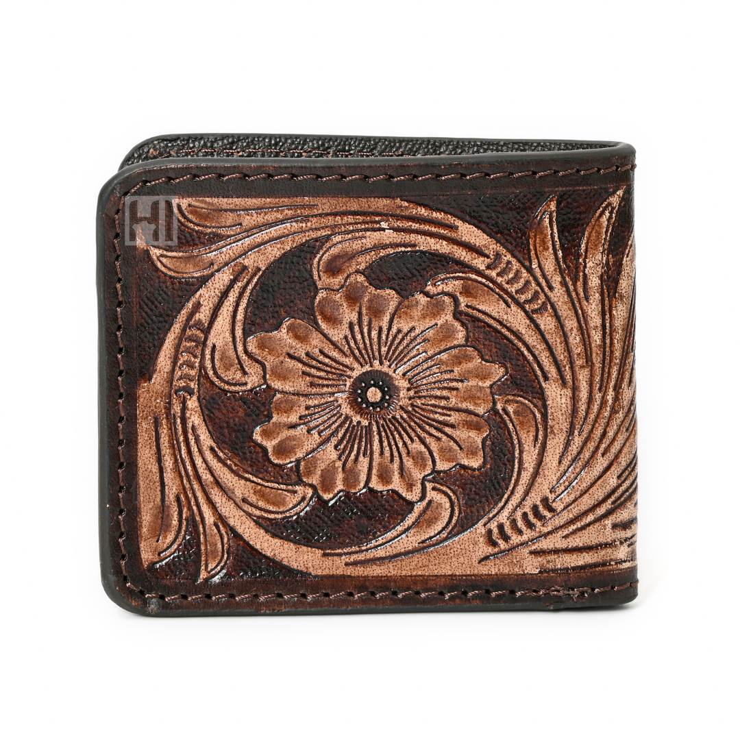 RFID Blocking Feature Western Fashion Natural Cowhide Tooled Hipster Wallet Men's Leather Wallet Manufacturer OEM