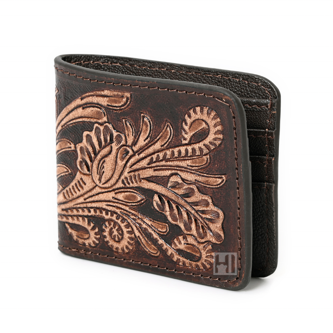 RFID Blocking Feature Western Fashion Natural Cowhide Tooled Hipster Wallet Men's Leather Wallet Manufacturer OEM