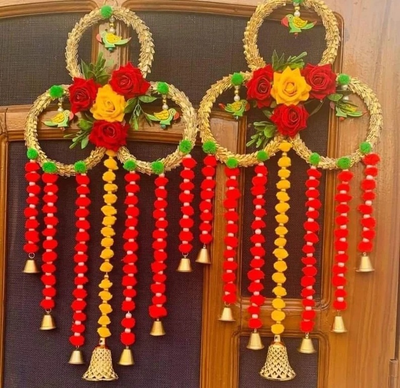 Pom Pom Gota Patti Floral Wall Hanging Parrot Design Indian Toran Wedding Decor Hanger Main Door Hanging Tea Party Decor