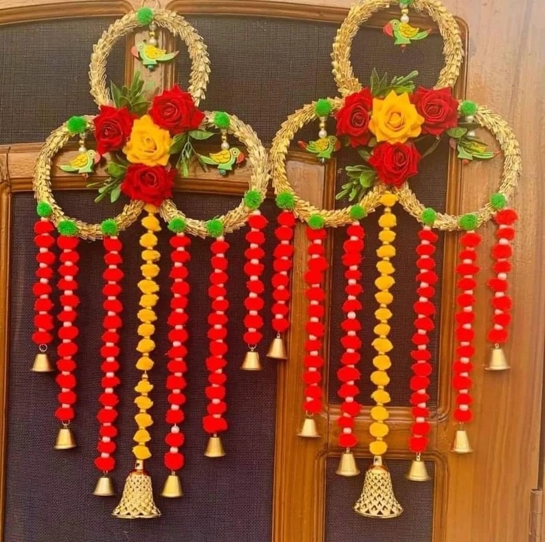 Pom Pom Gota Patti Floral Wall Hanging Parrot Design Indian Toran Wedding Decor Hanger Main Door Hanging Tea Party Decor