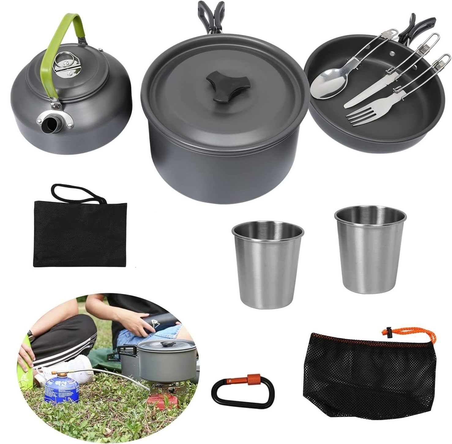 10 Piece Camping Cooking Set Cookware Mess Kit Outdoor Utensils Portable Trekking Cooking Accessories for Camping