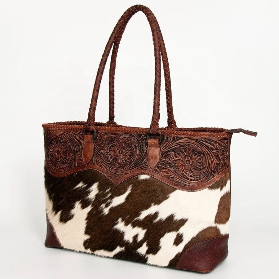 Western Style Cowhide Hair On Leather Bohemian Tote Bag Stylish Hand Tooled Carving Purse Hot Selling Bags For Women's Bag