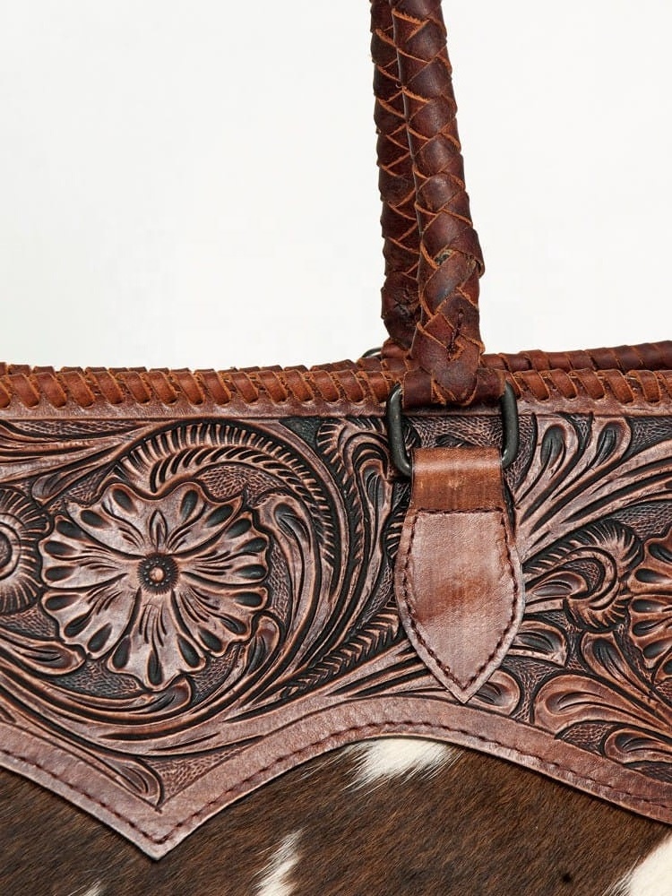 Western Style Cowhide Hair On Leather Bohemian Tote Bag Stylish Hand Tooled Carving Purse Hot Selling Bags For Women's Bag