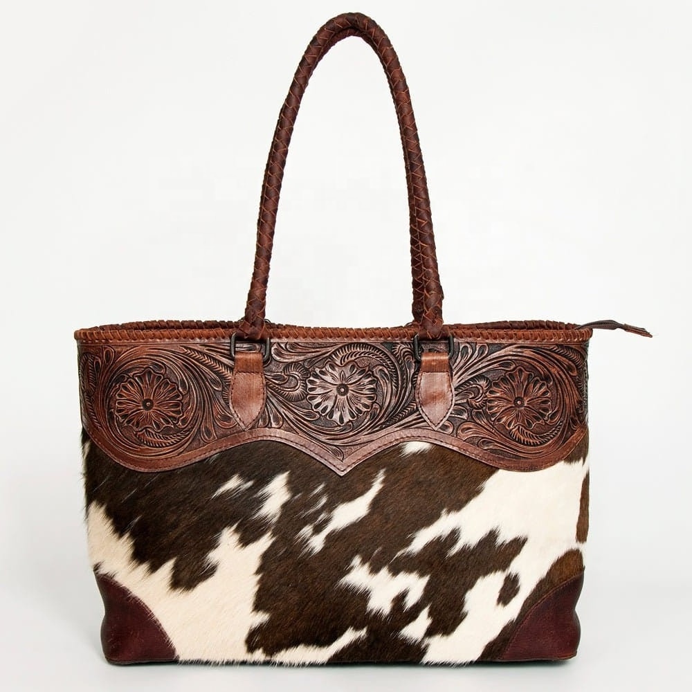 Western Style Cowhide Hair On Leather Bohemian Tote Bag Stylish Hand Tooled Carving Purse Hot Selling Bags For Women's Bag