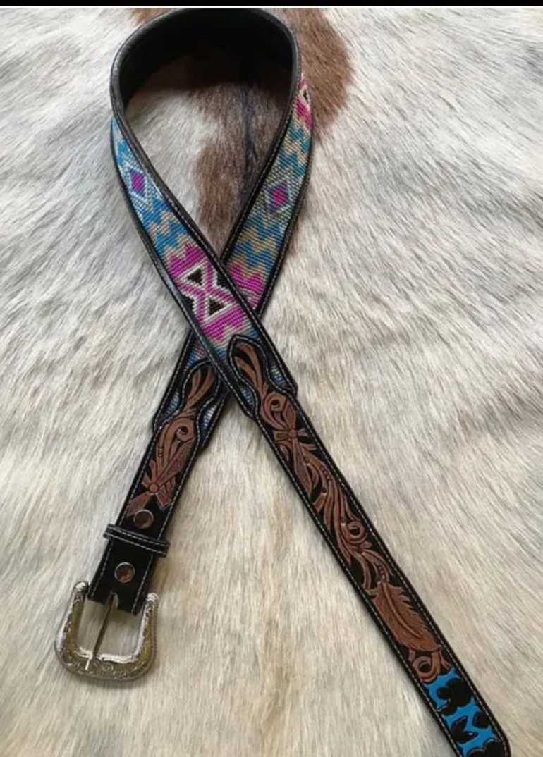 Turquoise & Pink Beaded Full Grain Leather Belt Premium Cow Hide Handtooled Designs Luxury Belts Ready to Ship Unisex