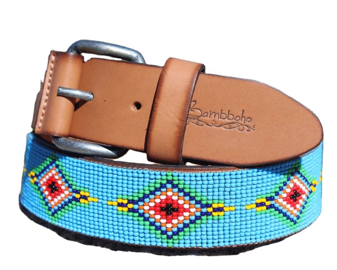 Turquoise Beaded Full Grain Leather Heavy Duty Belt Premium Cow Hide Custom Beaded Designs Luxury Belts Ready to Ship Unisex