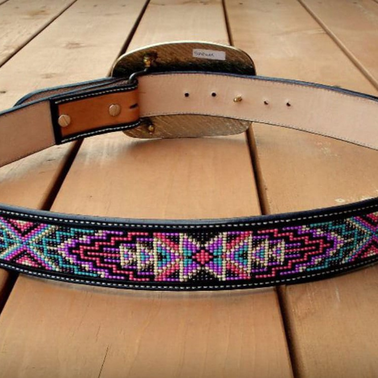 Turquoise & Pink Beaded Full Grain Leather Belt Premium Cow Hide Handtooled Designs Luxury Belts Ready to Ship Unisex