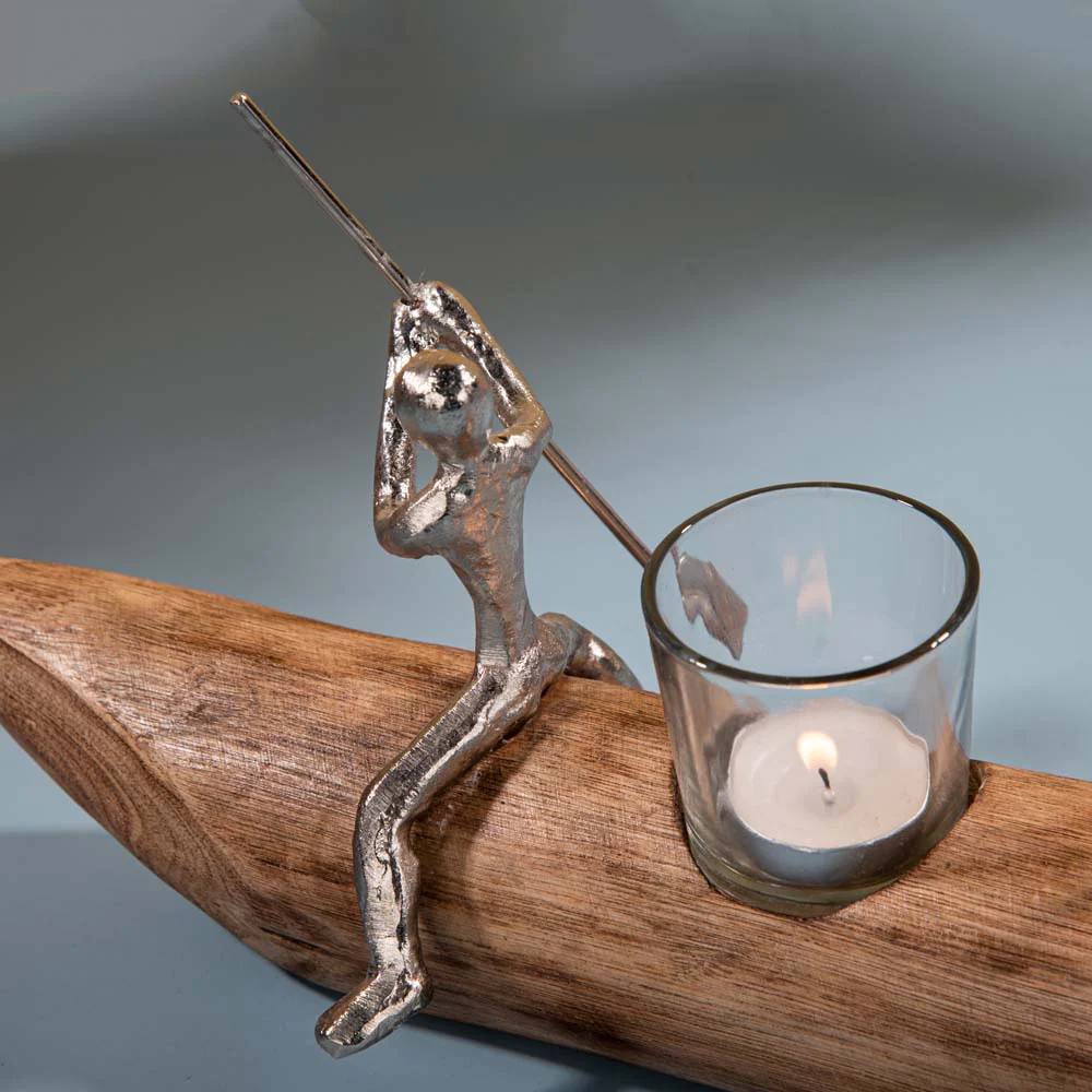 Luxury Rustic Boat Shaped Glass T-Light Holder With Metal Fusion Ferryman Rowing Boat In Nickel Plated Fisherman Figurine Votive