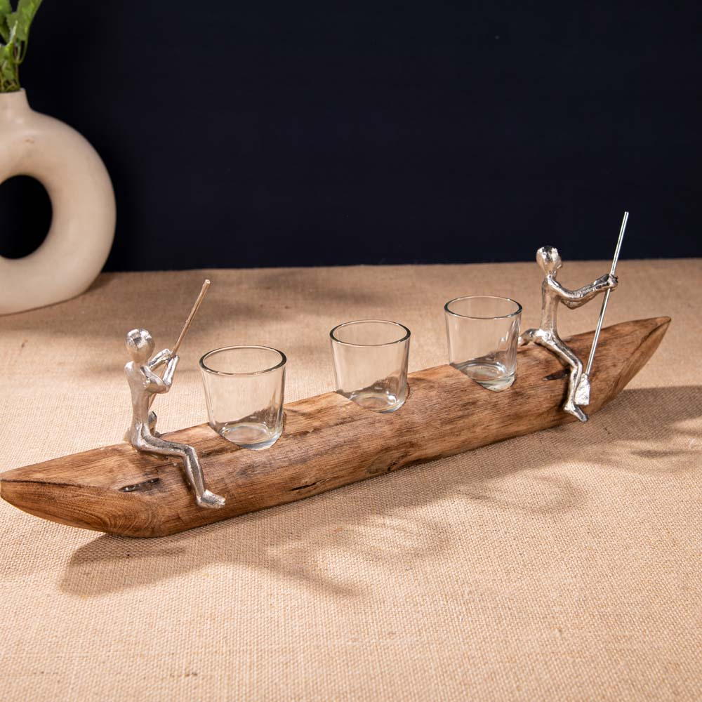 Luxury Rustic Boat Shaped Glass T-Light Holder With Metal Fusion Ferryman Rowing Boat In Nickel Plated Fisherman Figurine Votive