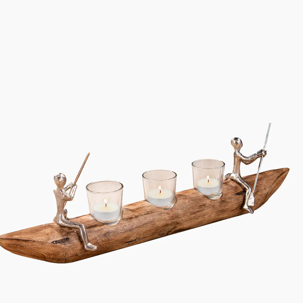 Luxury Rustic Boat Shaped Glass T-Light Holder With Metal Fusion Ferryman Rowing Boat In Nickel Plated Fisherman Figurine Votive