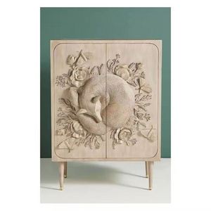 Hand Carved Land & Sky Bar Cabinet with Fox Design | Handmade Taupe Color Living Room TV Cabinet From Rajasthan, india