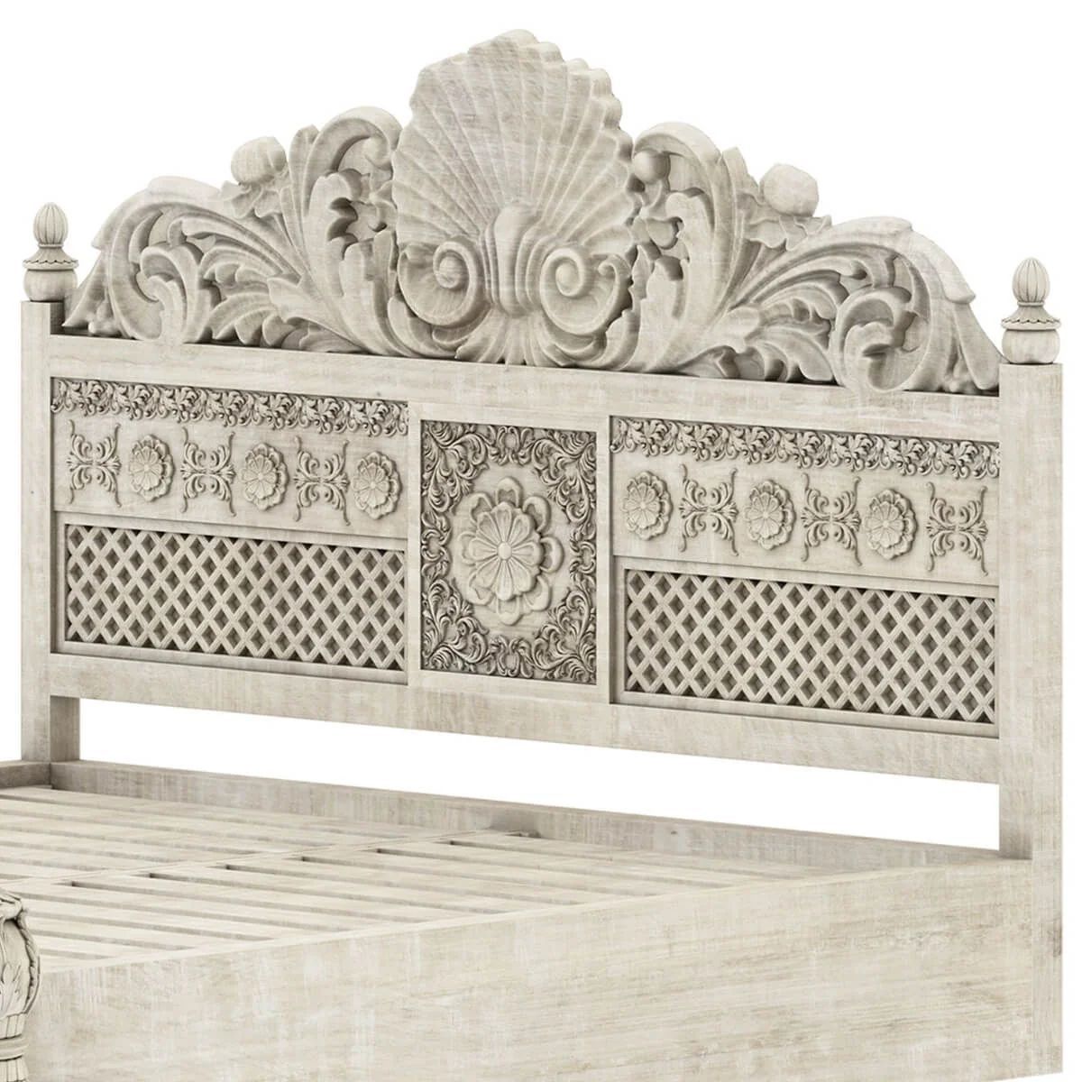 Ella Hand Carved floral motif designs Double Bed | Handmade Double Bed In White Distress Color | Free Door Delivery in 6 Weeks