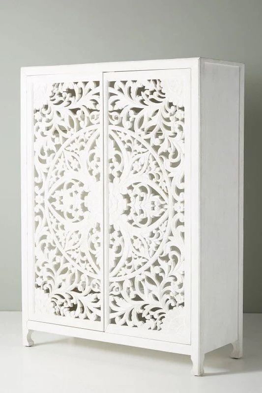 Hand Carved Lombok Armoire In White Color | Handmade White Wooden Almirah From Rajasthan, India