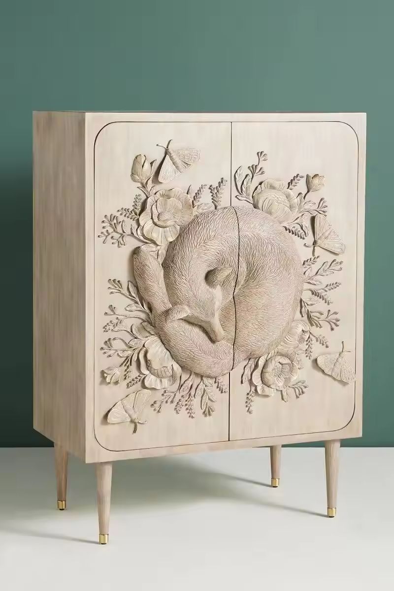 Hand Carved Land & Sky Bar Cabinet with Fox Design | Handmade Taupe Color Living Room TV Cabinet From Rajasthan, india