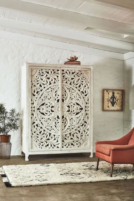 Hand Carved Lombok Armoire In White Color | Handmade White Wooden Almirah From Rajasthan, India