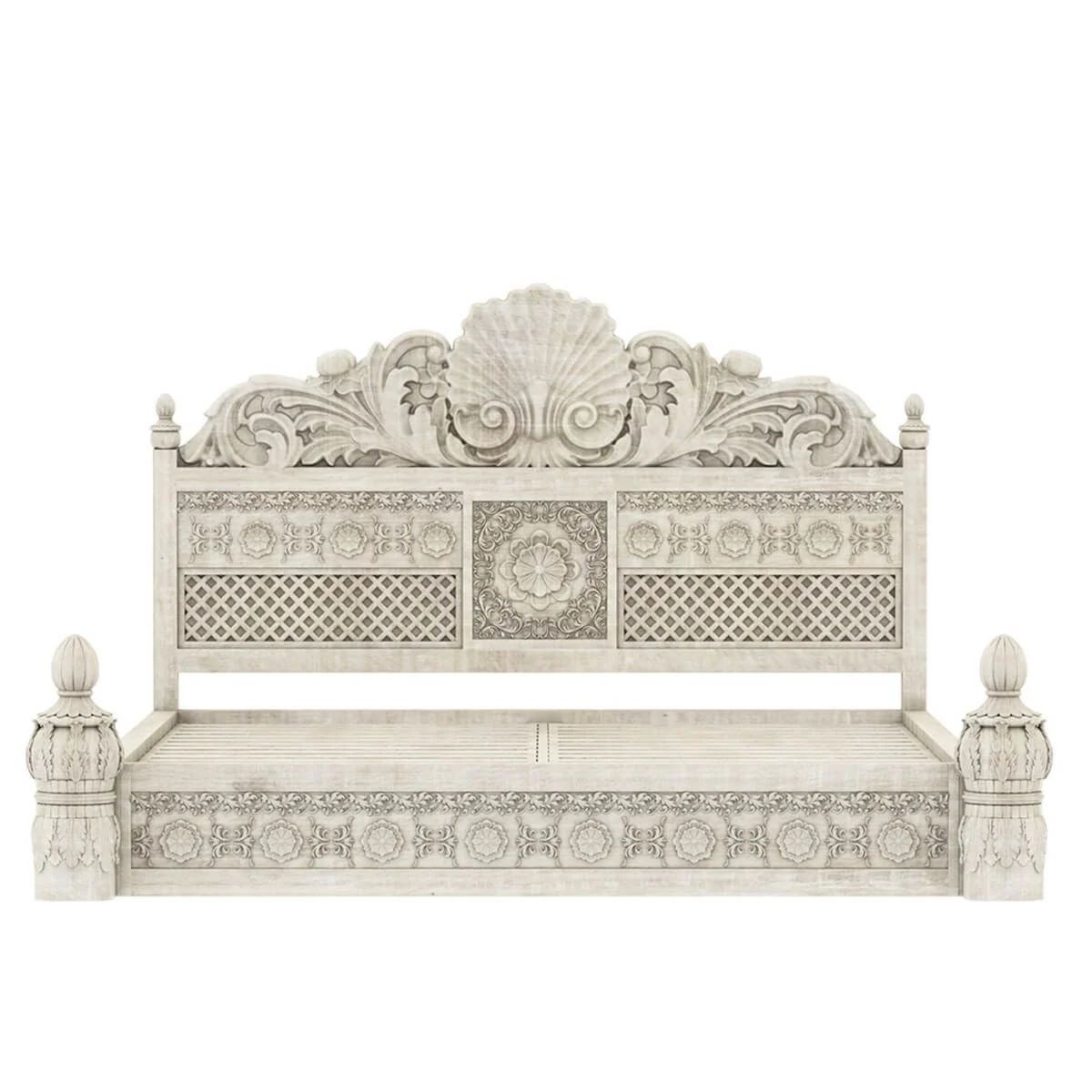 Ella Hand Carved floral motif designs Double Bed | Handmade Double Bed In White Distress Color | Free Door Delivery in 6 Weeks