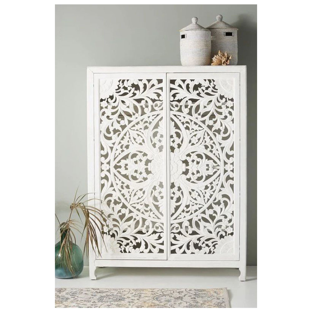 Hand Carved Lombok Armoire In White Color | Handmade White Wooden Almirah From Rajasthan, India