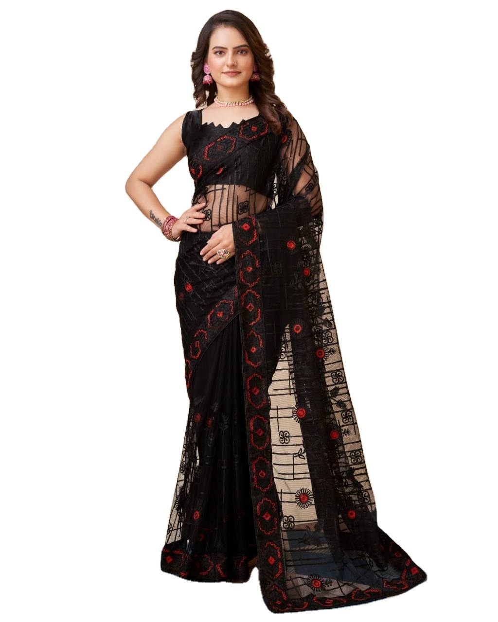 Soft NetSequence embroidery work saree with blouse piece indian party wear ladies women wear sari cheap low price wholesale