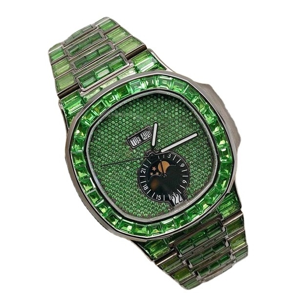 high quality Buss Down Green Baguette  PP Moissanite white Cuban iced out hip hop personalized luxury custom White watch for men