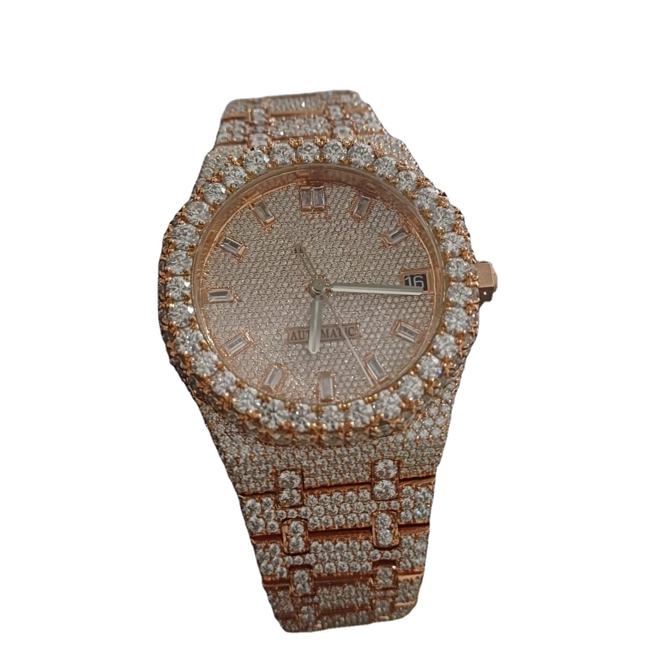 Round VVS1 Diamond Men Watch, Rose Dial White & Rose Gold Plated Stainless Steel, Fully Iced Out Watch For Men