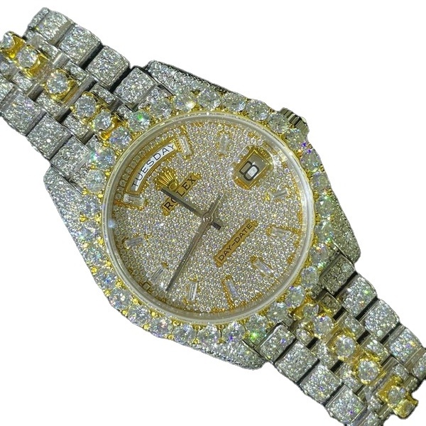 Full Iced Out VVS Moissanite Diamond R23 Men Watch, Stainless Steel All Chronograph Working Gold Plated 42mm Men Watch