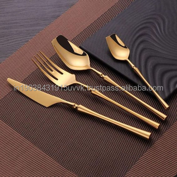 Stainless Steel Golden Cutlery Set Silverware With Glass Acrylic Handles Reusable Easy Washable Trending Cutlery Set on Sale