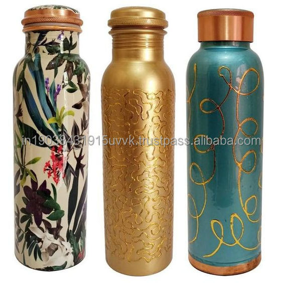 100% Pure Copper Water Bottle Brass Gold plated Metal health Beneficial Drinking water Bottle With LID Super Sell