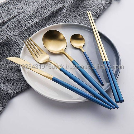 Great Selling Top Quality Cutlery Sets Gold And Blue Classical Flatware High Demanded For Italian Restaurants