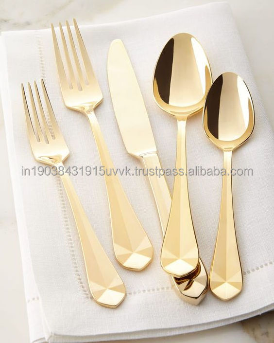 Stainless Steel Golden Cutlery Set Silverware With Glass Acrylic Handles Reusable Easy Washable Trending Cutlery Set on Sale