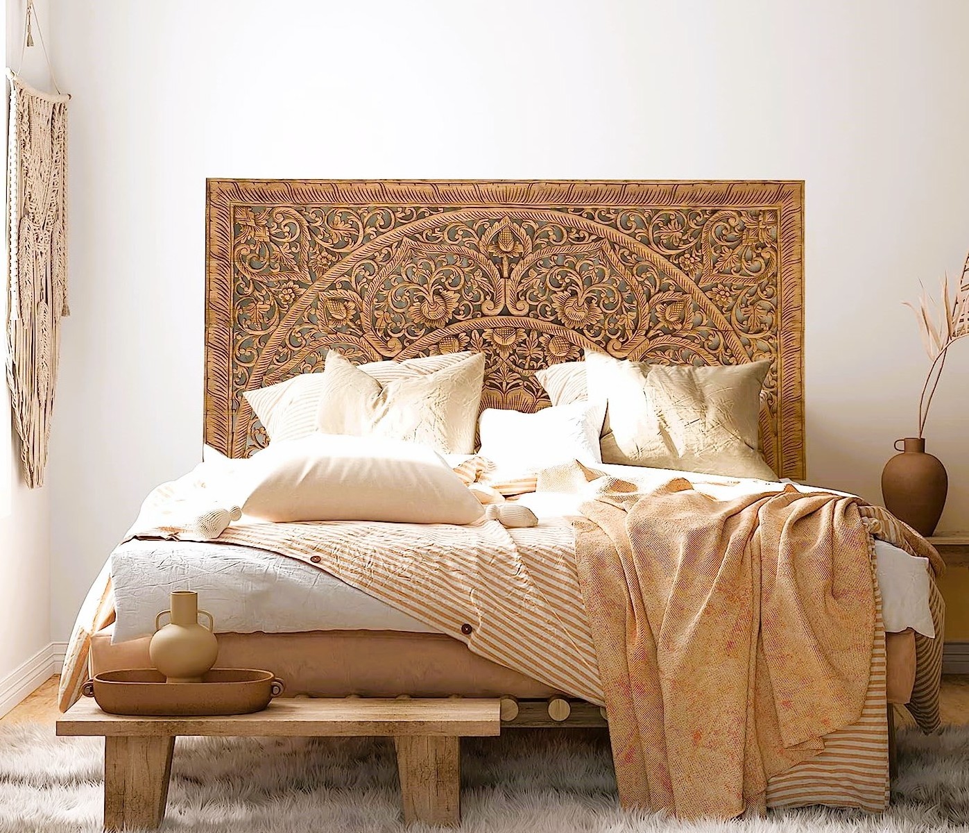 Wooden Mandala carved headboard bed handcrafted by skilled artisan of pan India white antique customizable size and finish