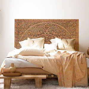 Wooden Mandala carved headboard bed handcrafted by skilled artisan of pan India white antique customizable size and finish