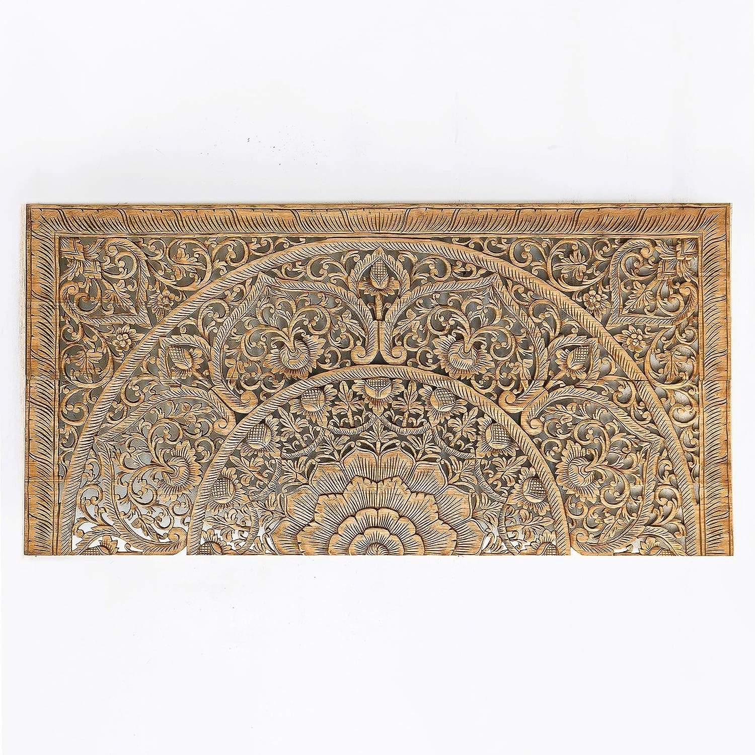 Wooden Mandala carved headboard bed handcrafted by skilled artisan of pan India white antique customizable size and finish