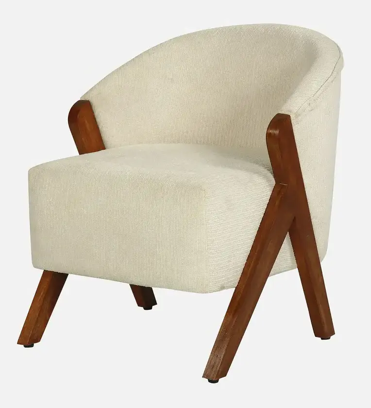 Modern Preston Boucle Fabric Lounge Chair in Cream Colour Fabric and Wood Lounge Chair For Living Chair