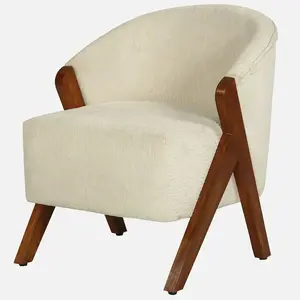 Modern Preston Boucle Fabric Lounge Chair in Cream Colour Fabric and Wood Lounge Chair For Living Chair