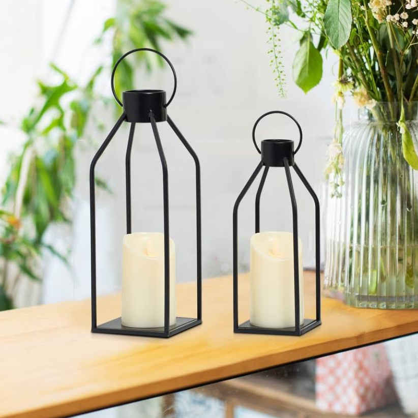 Decorative Hot Sale Black Portable Iron Garden Floor Lamp Lantern Set Of 2 Candle Lantern Ornaments