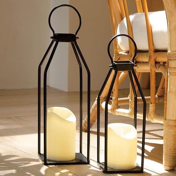 Decorative Hot Sale Black Portable Iron Garden Floor Lamp Lantern Set Of 2 Candle Lantern Ornaments