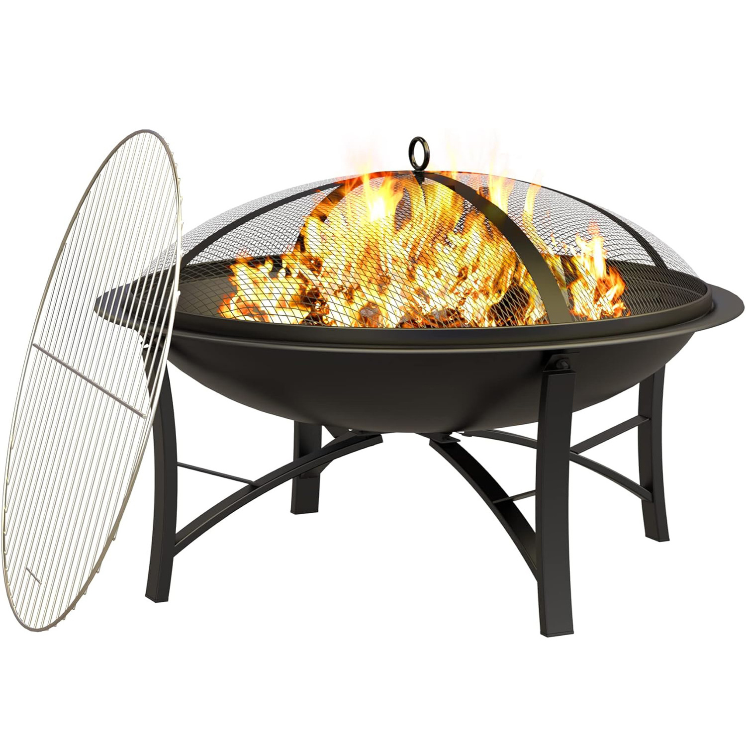 Fire Pit for Outside Large Outdoor Wood Burning Fire Pits Firepit with Steel BBQ Grill Spark Screen & Poker for Garden