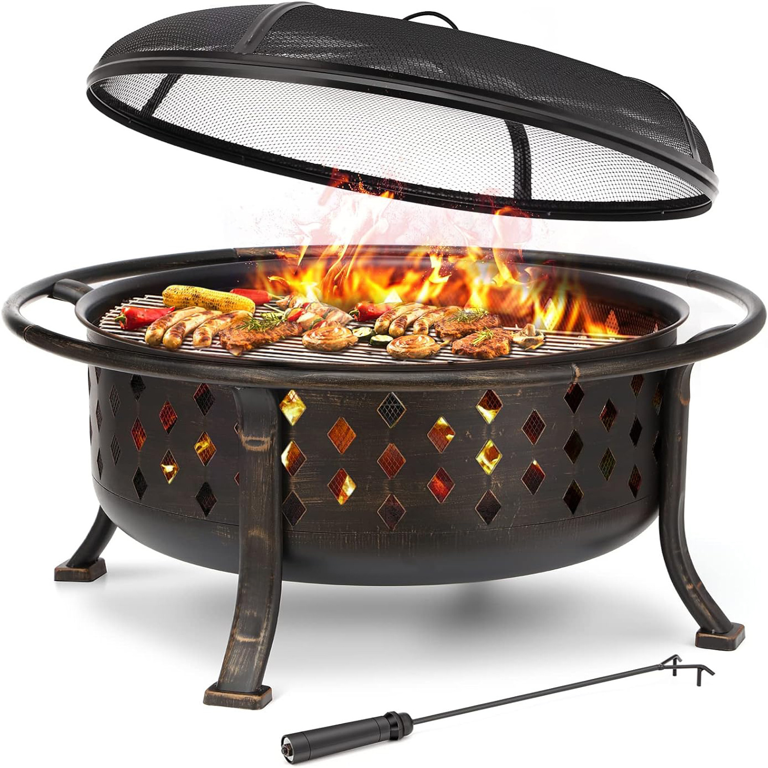 Wholesale Iron Fire Pit Bronze Cauldron Wood-Burning Fire Pit Bowl - Includes Portable Poker and Spark Screen