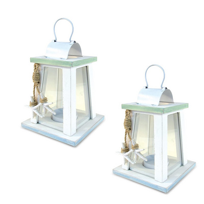 Wood White Finishing Lantern Decor Set of 2 Indoor Rustic Wooden Lanterns Decorative Lantern For Home Decor