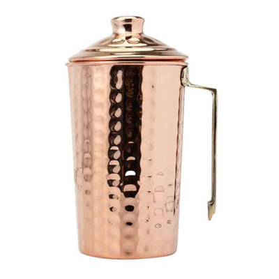 OEM Private Label Pure Copper Water Jug with Lid and Brass Handle Hammered Designed 1500 ml Size Ayurveda Health Benefits Jug