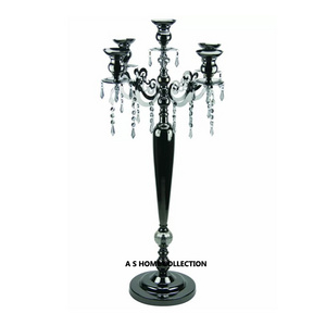 Dinner Party And Event Wedding metal shiny full black color large size hanging crystal Centerpiece 5 Heads Candle Candelabra