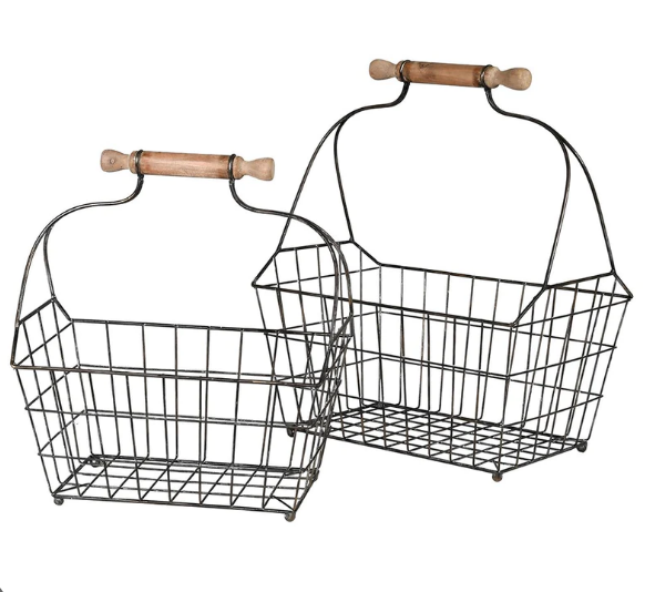 Rust Antique Finishing Steel Basket with Wooden Handle Antique Basket for Grocery Storage Household Use Bulk Quantity