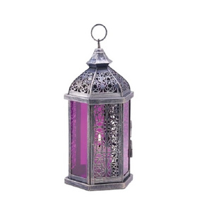 High Quality Vintage Style Table Lantern Moroccan Vintage Metal Lantern With Purple Color Glass Tea Light For Home Decorations