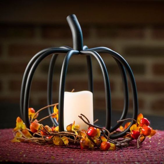 Wrought Iron Black Pumpkin Tea Light Candle Holder